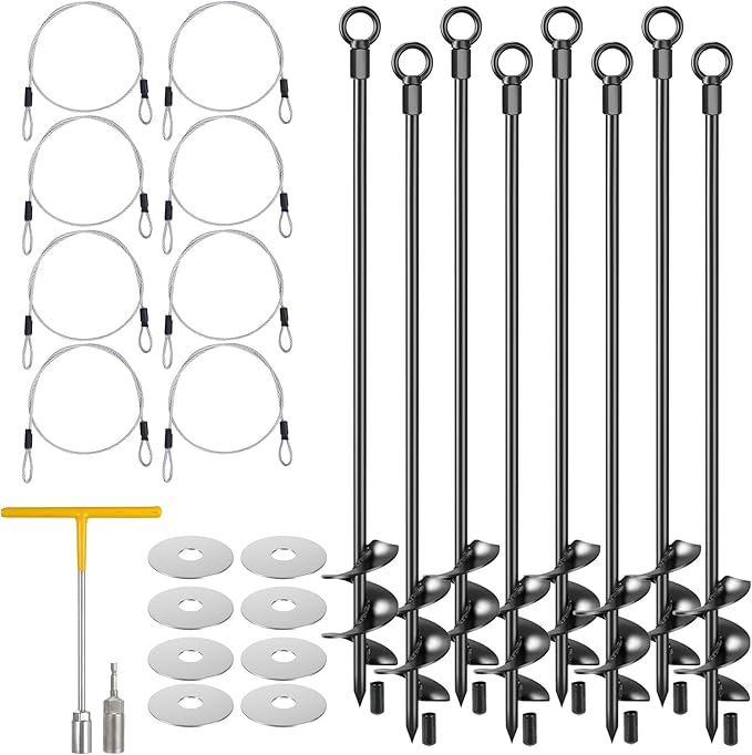 8 Pcs 30" Ground Anchors Shed Anchors Kit Heavy Duty 12mm Solid Steel, Triple-Turn Helix Earth Anchors for Sheds, Carport, Canopy, Gazebo, Trampoline, Mobile Home