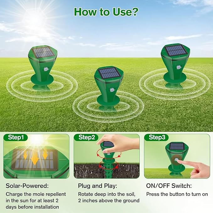 Mole Repellent Solar Powered,6 Pack Ultrasonic Gopher Repeller IP65 Waterproof for Lawn Garden Yard, Sonic Vole Repellent Mole Killer Outdoor Get Rid of Snake Groundhog Chipmunk Squirrels-Green
