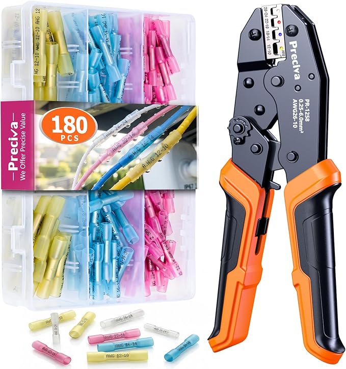 Preciva Heat Shrink Connectors Kit, Preciva Wire Crimping Tool with 180PCS 26-10 AWG Pure Copper Ferrules,Ratcheting Crimper for Automotive, Electrical, Marine & Wiring Repairs