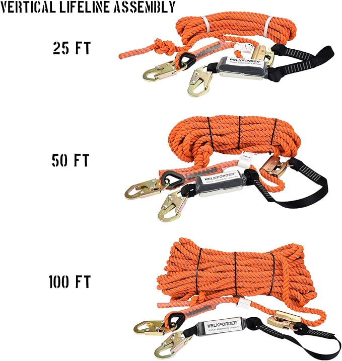 100FT Vertical Lifeline Assemble Three Strand Rope Fall Protection with Rope Grab Snap Hooks Shock Absorber Fall Protection Safety Equipment ANSI Compliant
