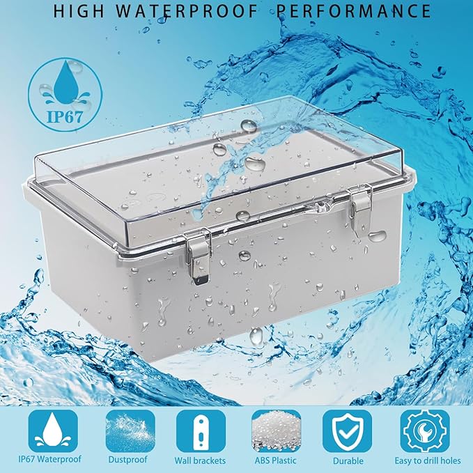 Waterproof Outdoor Electrical Box Junction Box Weatherproof IP67 ABS Plastic Enclosure Switch Router Project Box with Mounting Plate with Wall Bracket 2 Cable Glands Clear 10.23" x 6.3" x 3.94"