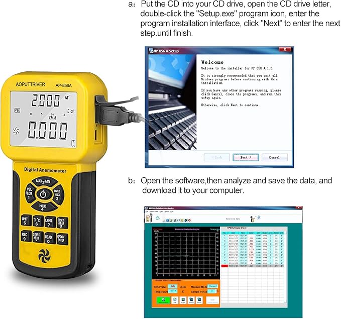 Pro HVAC Anemometer Handheld CFM Meter Wind Speed Meter with USB Data Export to PC Max/Avg/Min Functions for Measuring Wind Speed Air Velocity, Wind Temp AP-856A