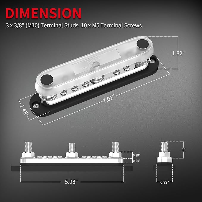 DaierTek 300A Copper Bus Bar 12V, Power Distribution Block with Cover 3 x 3/8” M10 Studs & 10 x M5 Terminal Screws for Car Marine Solar Battery Negative & Positive