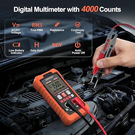 Digital Multimeter Volt Meter TRMS 4000 Counts Auto-Range NCV Voltage Multi Tester Smart Electrical Car Battery Voltmeter AC/DC Volt, Ohm Resistance, Continuity with Test Leads Large LED Backlight