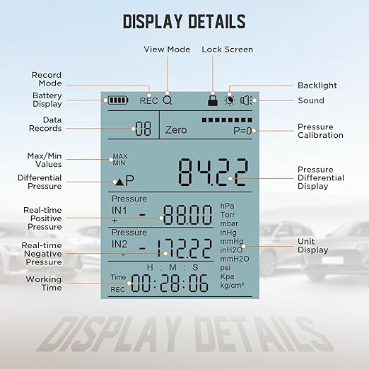 Manometer, Digital Manometer HVAC Dual Port Air Gas Pressure Tester Differential with 10 Units High Accuracy Value 29 Data Stores Backlight Display,-100~200Kpa,-1000~2000mbar
