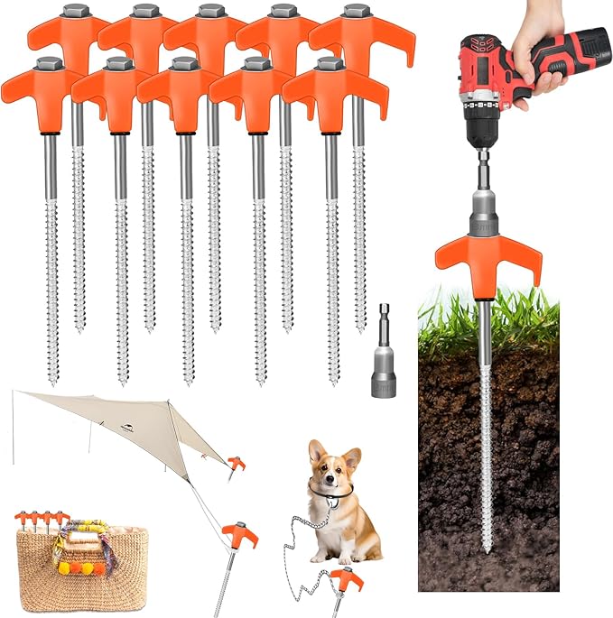 12 Pack 8" Screw in Tent Stakes Heavy Duty- Ground Anchors Screw- Tent Pegs Camping Stakes- Hex Pegs Drillable Tent Stakes and Hexagon Head Drive and Storage Box (Orange)