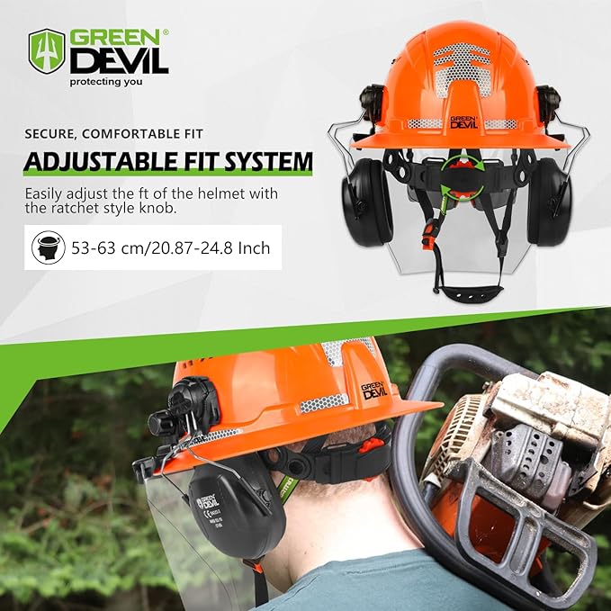 GREEN DEVIL Industrial Chainsaw Helmet with Face Shield Built in Visor and Ear Muffs 4 in 1 System ANSI Z89.1 Safety Hard Hat Adjustable Headgear Ideal for Forestry and Arborist Work Full Brim Style