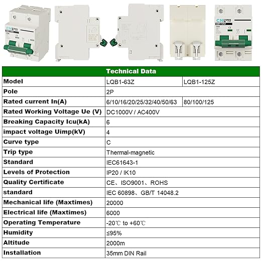 DC Miniature Circuit Breaker 125 Amp Solar Disconnect Switch DC1000V AC400V 2P MCB for PV, UPS, RV Battery, DIN Rail Mount
