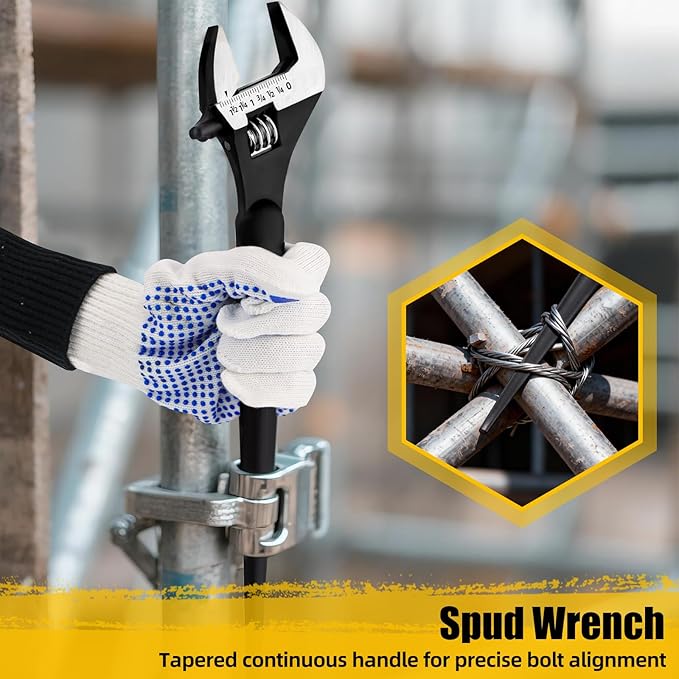 4-Piece Adjustable Spud Wrench Set with Gloves, 10" 12" 16" Large Crescent Plumbers Wrenches sets for Crowbar Pipe Fitting Pipefitter Construction Tools, SAE/Metric Scales, CR-V, Black Oxide