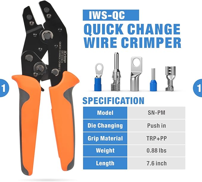 iCrimp Quick Change Ratcheting Crimper Tool Kit, Automotive Service Kit, for Crimping IWS4 Connector, Insulated & Non-insulated Terminal, Open Barrel Terminals, Dupont Connector, End Sleeve Ferrules