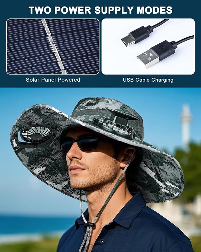 Wide Brim Sun Hat with 2 Solar Fan, Sun Bucket Hat for Men Women, UPF 50+ Bucket Fishing & Beach Hat with Fan