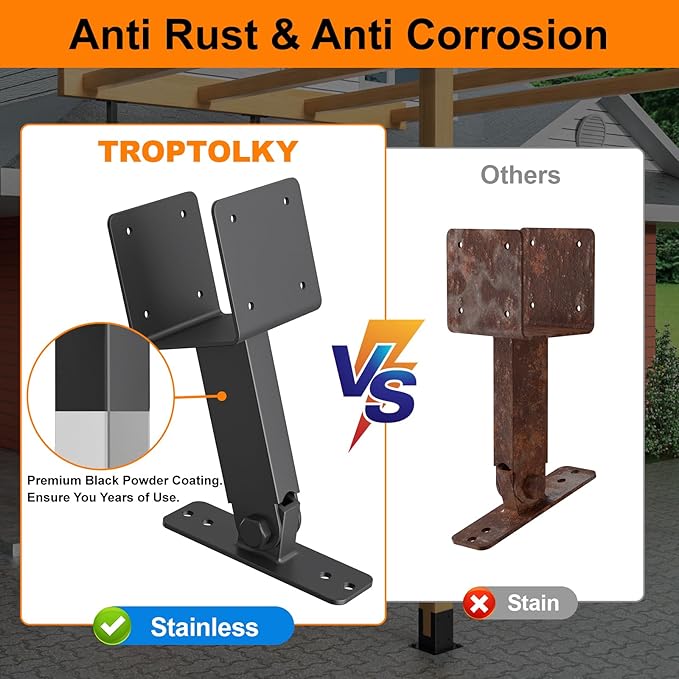 4x4 Heavy Duty Roof Riser Brackets Kit, TROPTOLKY Adjustable Angle Pergola Brackets, Black Metal Roof Riser Beam Bracket for Roof Pergola Gazebo Patio Cover (3 Pack)