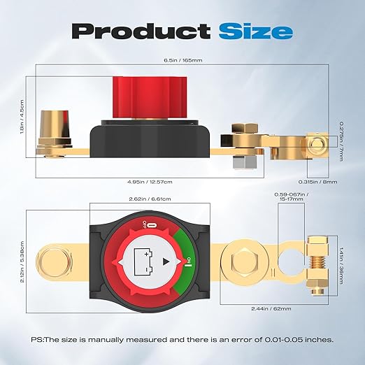 Top Post Battery Disconnect Switch Negative Brass Clamp 275A Heavy Duty 12V/24V/48V Battery Cut Off Master Kill Switch for Car, Marine, RV, Boat, Truck