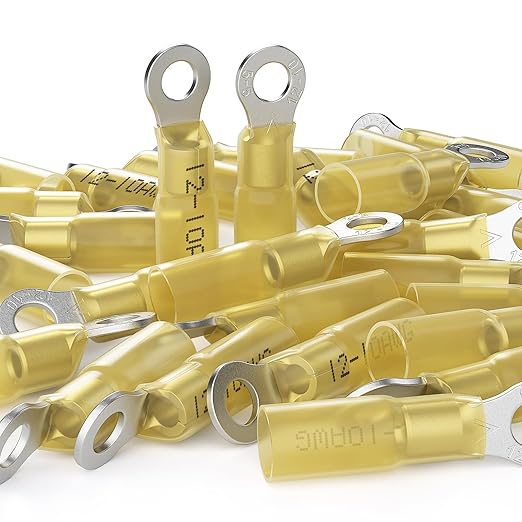 AIRIC 12-10 AWG - #10 Heat Shrink Ring Terminals, Copper Terminal Connector Ends, Battery Cable End Lugs, Yellow Insulated Electrical Crimp Wiring Connectors, Wire Lug for 12, 10 Gauge Wires, 50 PCS
