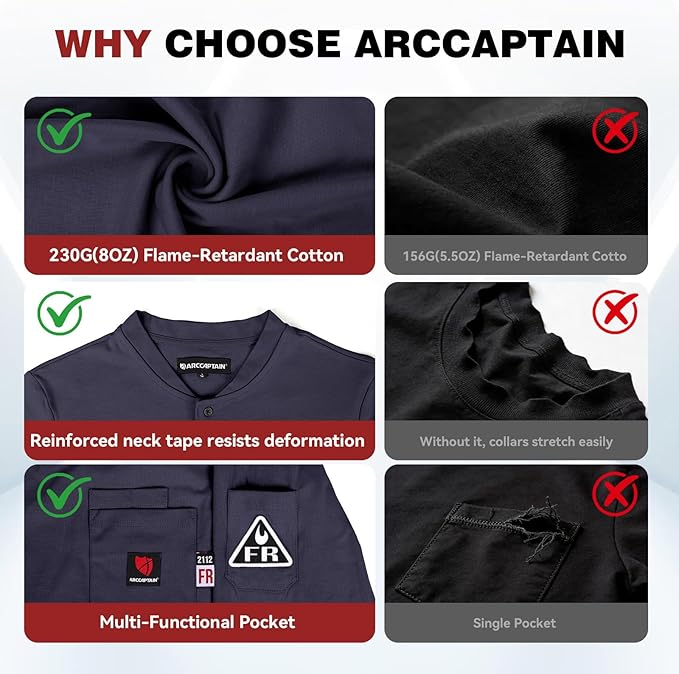 ARCCAPTAIN FR Shirts for Men 8oz 100% Cotton Fire Resistant Henley Shirt CAT2 NFPA2112 Welding Work Long Sleeve Clothing