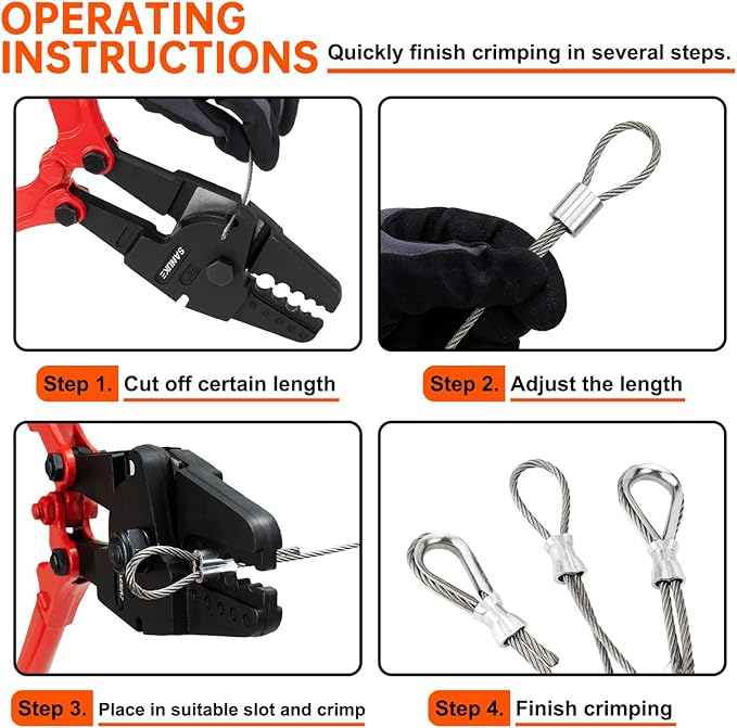 Sanuke 24 Inch Hand Swaging Tool, Wire Rope Crimping Tool 5 Cavity 1/16" 3/32" 1/8" 5/32" 3/16", Crimping and Cutting Combo Cable Crimper, Hand Swager with 50pcs Aluminum Stop Sleeves Oval Sleeves