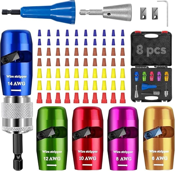 Wire Stripper for Drill - 2026 Upgraded Electric Wire Stripping and Twisting Tool for AWG 14-12-10-8-6, Wire Stripper Tool for Power Drill, Nut Twister Stripping and Connector Kit (8PCS)