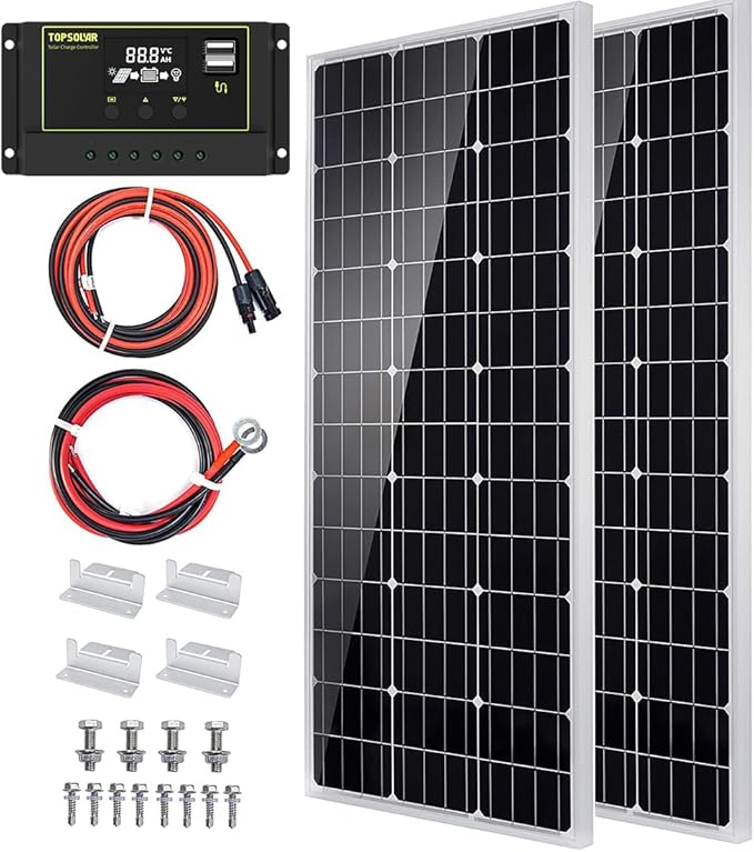Topsolar Solar Panel Kit 200（2*100W) Watt 12 Volt Monocrystalline Off Grid System for Homes RV Boat + 30A 12V/24V Solar Charge Controller + Solar Cables + Z-Brackets for Mounting