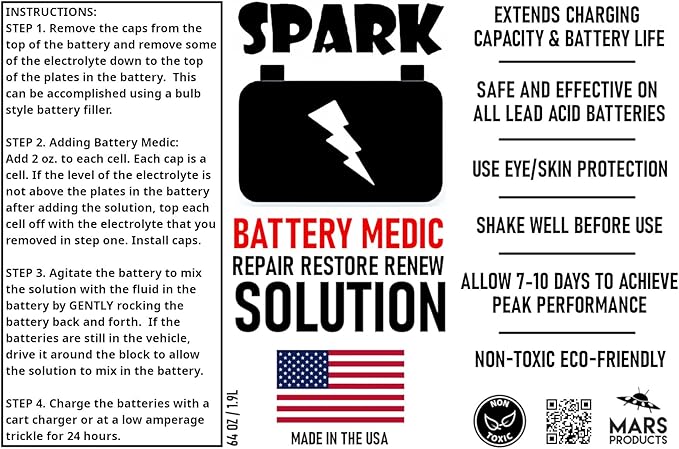 SPARK Golf Cart Battery Restore Liquid Solution - Restore - Repair - 6, 8, 12 Volt Lead Acid Batteries - Made in USA - Expands Charge Capacity - Extends Battery Life - Non-Toxic - Larger 64oz Bottle