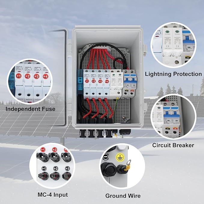 PV Solar Combiner Box with 550V DC Breaker, Enhanced Lightning Protection, and 15A Fuse - Engineered for Reliable Grid-Tied and Off-Grid Applications