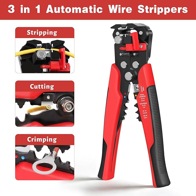 Kuject Wire Stripper and Crimping Tool Kit, 3 in 1 Self-Adjusting Wire Stripping for 10-24 AWG with Crimping Tool Set for Heat Shrink Connectors AWG22-10