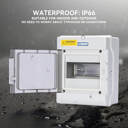 Mollom 6 Way Power Distribution Box with Bus Bars and Din Rail for Miniature Circuit Breaker MCB, Waterproof IP66.Padlock Available for Indoor and Outdoor Use
