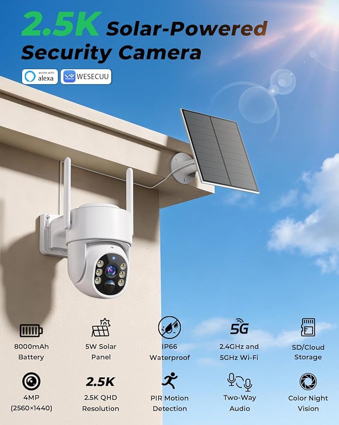 Solar Security Cameras Wireless Outdoor, 5G&2.4GHz Cameras for Home Security, 2K Solar Outdoor Camera, Color Night Vision, AI Human Detection, 2-Way Talk, Siren Alarms (4-Pack)