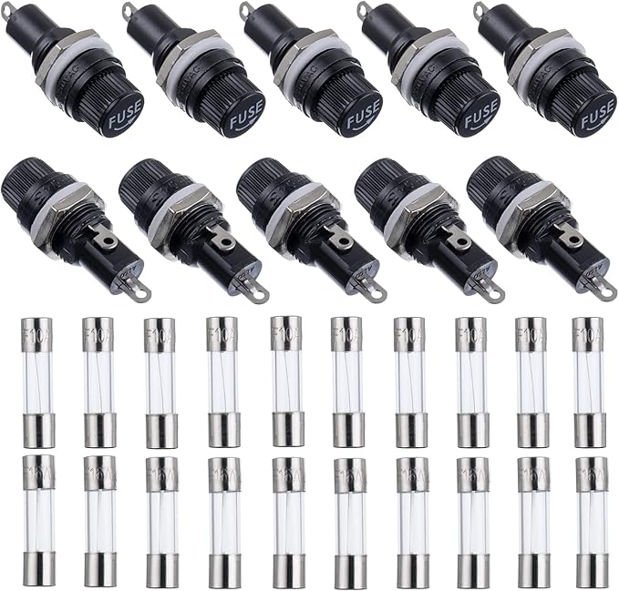 BOJACK 10 Values 30 Pcs 5X20mm Black Screw Cap Fuse Holder 250 VAC 10 A 125 VAC 15 A with 10A/15A Fast Blow Glass Fuse kit