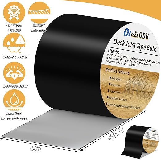 Butyl Joist Tape for decking, 4 Inch x 50 Feet Weatherproof Butyl Sealant Deck Tape Joist-Beam Deck Joist Tape Bulk for Wood Joists Decks Beams Roof