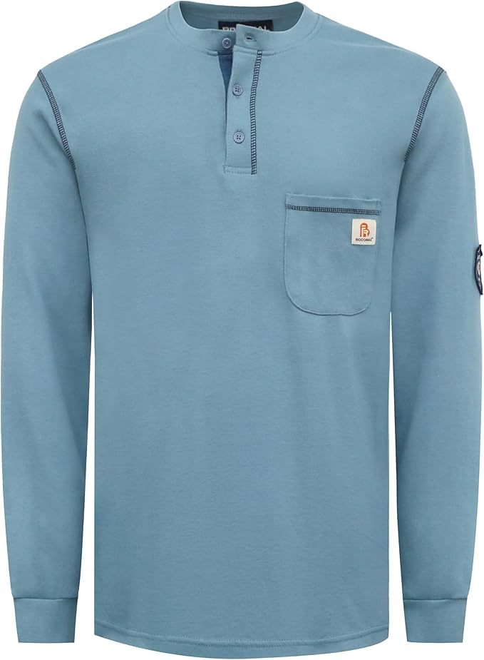 BOCOMAL FR Shirts Flame Resistant Henley Shirt NFPA2112/CAT2 7oz Men's Long Sleeve Fire Retardant Clothing