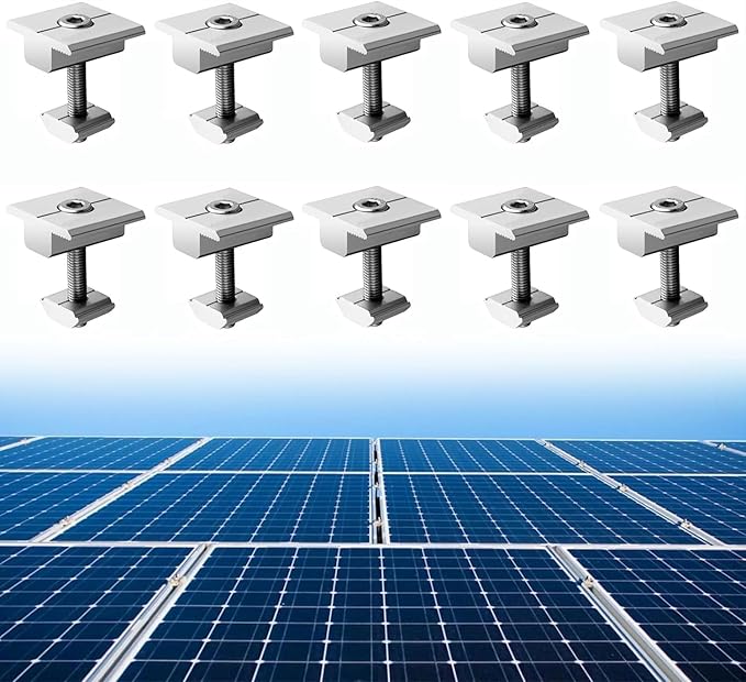 Anbte 10pcs Solar Panels Centre Clamps, Aluminium T-Shaped Mid Clamps Include 10 Screws M8 Solar Panel Mounting Brackets for Metal Roof, Tin Roof, Sheet Roof and Any Other Flat Roof, 40mm