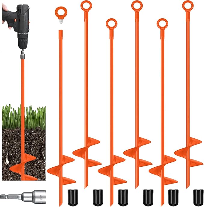 Chumia 6 Pcs 18 Inch Ground Anchor Spiral Blade Heavy Duty Earth Anchors Swing Set Metal Shed Kit for Garden Securing Trees Tents Trampoline Canopies Shelters (Orange)