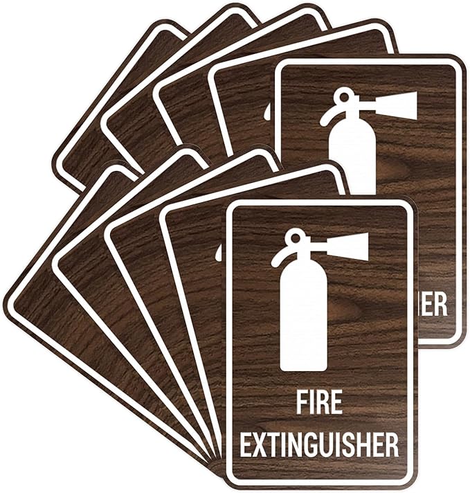Signs ByLITA Portrait Round Fire Extinguisher Sign with Adhesive Tape, Mounts On Any Flat Surface (Walnut) - Small (10 Pack)
