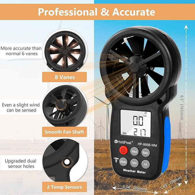 [2 PCS] HoldPeak Handheld Anemometer Barometer, Weather Meter for Wind Speed, Temperature, Humidity, Dew Point, Altitude, Barometric Pressure, Wind Chill Measuring, Digital Wind Guage 866B-WM