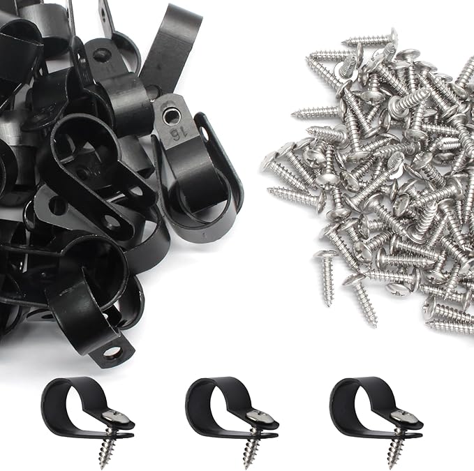 50 Pcs 5/8 Inch Black Nylon Screw Mounting R-type Cable Clip Wire Clamp, 16mm Cable Clip Wire Clamp for Wire Management, Stainless Steel Screws Included