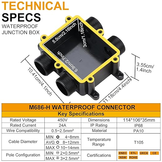 IP68 Waterproof Junction Box Outdoor,4-Way Electrical Junction Box Outdoor with 4 Cable M25 Gland Wire Connector Extension Electrical Cable Protector for Diameter Cable Ø4-14mm Black