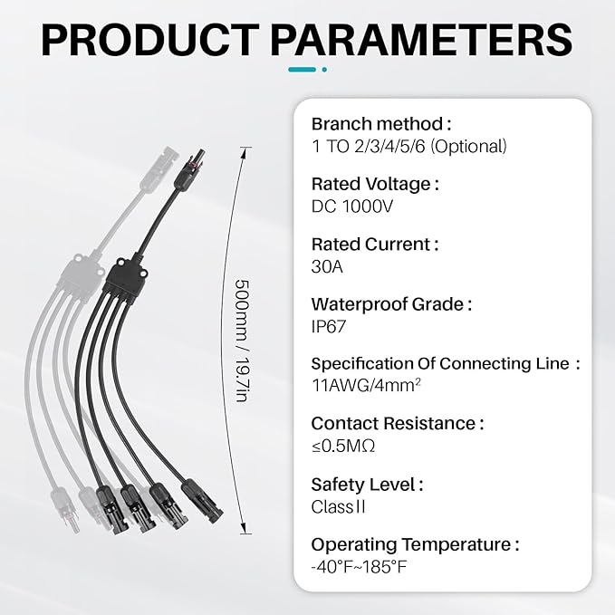 Solar Panel Connector 4 to 1 Y Branch Parallel Adapter, 30A 1000V 10AWG Tool-Free IP68 Waterproof Cable for Solar Panels (Y Branch, 4to1(1Pairs))