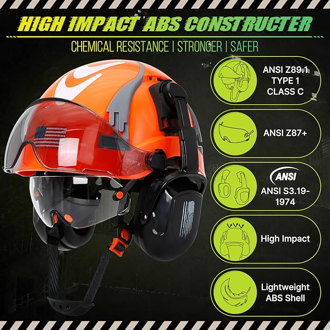 Hard Hat with Dual Visor and Hearing Protection-OSHA Approved Construction Hard Hats with Visor Sunglasses Earmuffs for Men,Vented Forestry Chainsaw Arborist Helmet with Chin Straps
