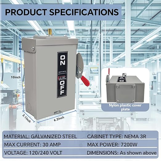 3P 30Amp 240V 3 Wire Heavy Duty Safety Switches，Ac Disconnect Switches Box，Quick Disconnect Safety Switch，Upgrade Power Supply Safety Door Lock