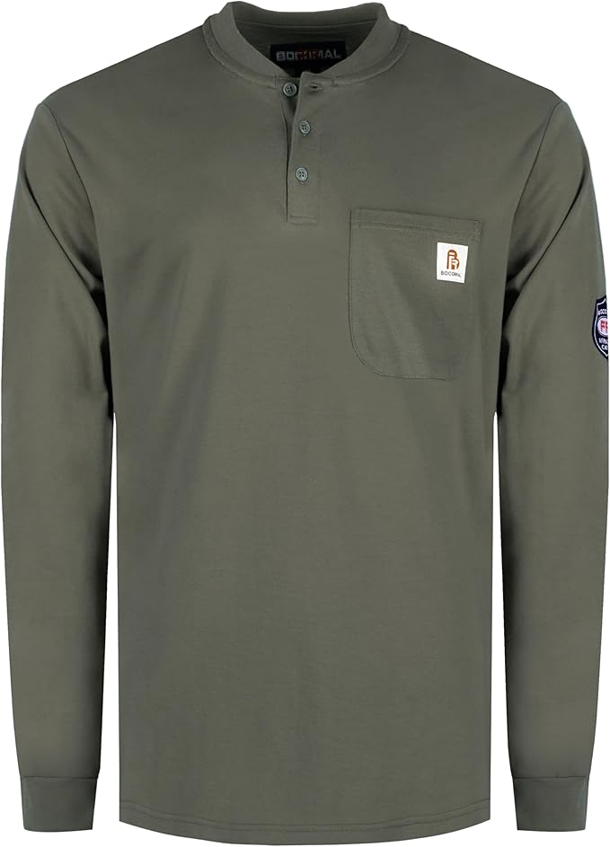 BOCOMAL FR Shirts Henley 7oz Midweight Fire Resistant Clothing NFPA2112 CAT2 Men's Flame Retardant Work Shirt