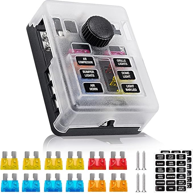 6 Way 12V Fuse Box 12Volt Blade Fuse Block Holder, 6 Circuit W/Negative Bus Waterproof Fuse Box with LED Indicator for 12V/24V Automotive Golf Cart Truck Car Boat Marine RV Van Vehicle