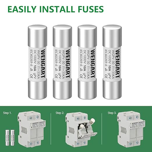 Wengart Solar Fuses WGPV-30,DC1000V 10Amp,10x38mm,I133kA,Fast Photovoltaic Fuses for Solar Photovoltaic Applications,10pcs