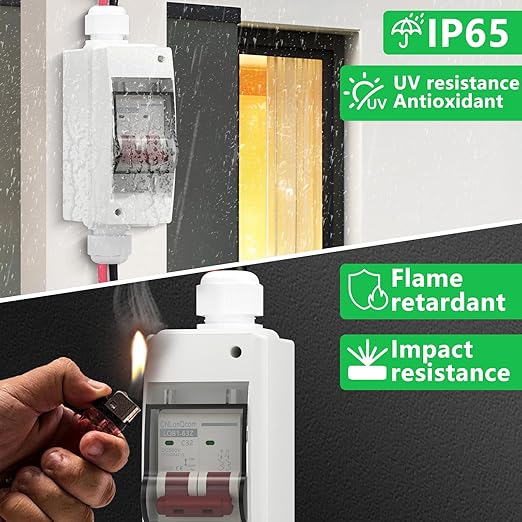 Solar Panel Disconnect Switch 32 Amp 500V DC Miniature Circuit Breaker with 15A Fuse PV Connector and IP65 Waterproof Box for Outdoor PV or AC Stystem