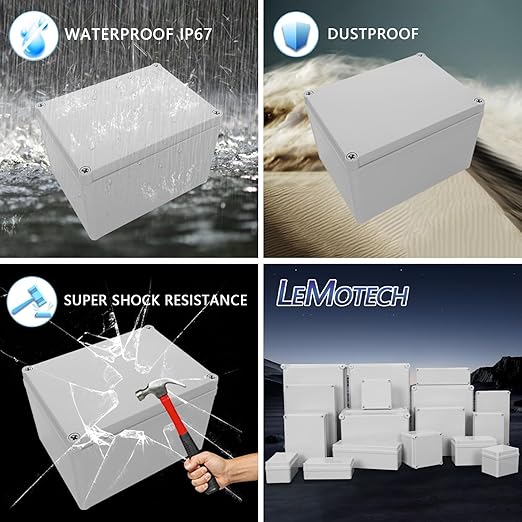 LeMotech Junction Box IP67 Waterproof Dustproof ABS Plastic Project Box for Electrical Outdoor Enclosure Gray 7.9 x 5.9 x 5.1 inch (200 x 150 x 130 mm)