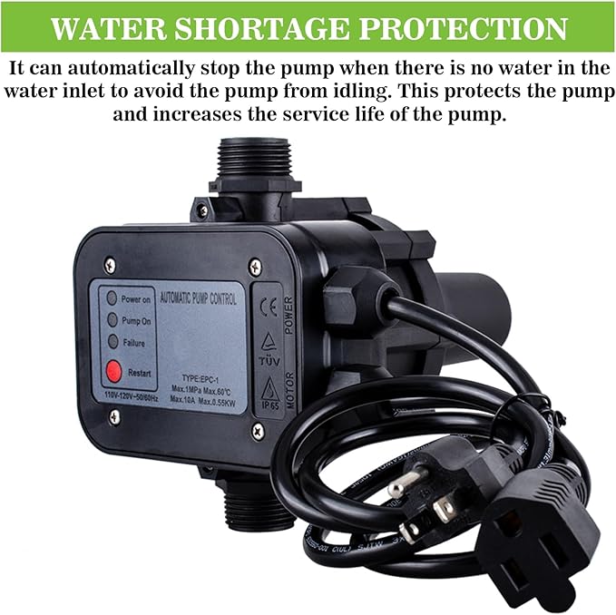 IP65 Automatic Water Pump Controller，Water Pump Pressure Switch Water Flow Sensor Switch Electronic Pump Pressure Regulator for Self-priming Pump，110V-120V~50/60Hz