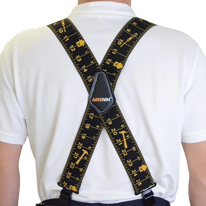 AISENIN Mens Tape Measure Suspenders, 2 Inch Wide Adjustable Work Suspenders for Tool Belts, Elastic Braces with Heavy Duty Strong Clips, Black