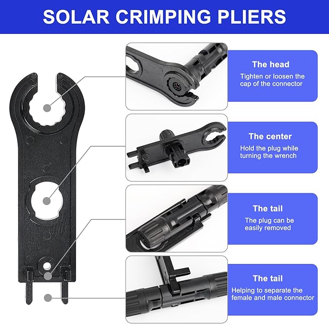 Solar Crimper Tool Kit with Crimper Stripper and 13 Pairs Solar Connectors and 2PCS Spanner Wrench, Crimper Tool for AWG14-10 Solar Panel Cable Wire Assembly and Installation