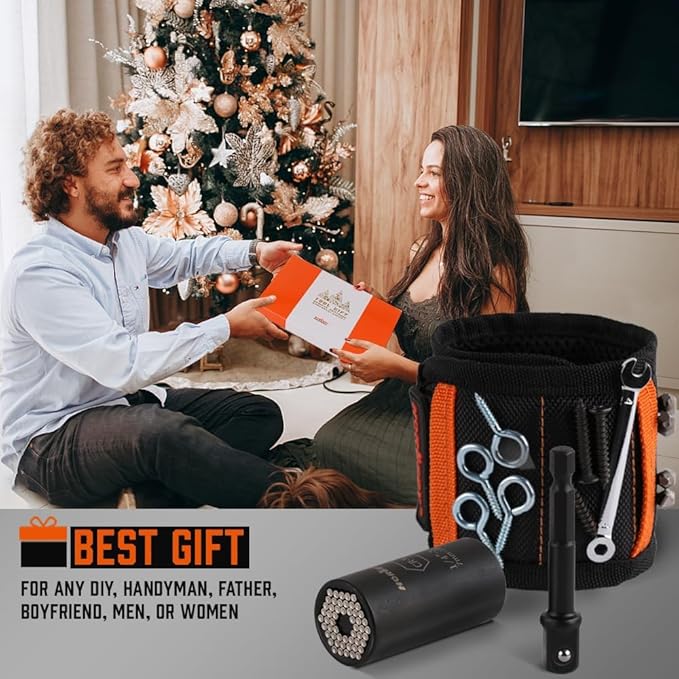 HORUSDY Magnetic Wristband & Universal Socket Grip (7–19mm), Stocking Stuffers Gifts for Dad with Strong Magnets for Holding Screws, Nails, Drilling Bits, DIY, Christmas Tool Gift for Men