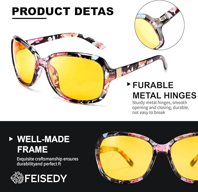 FEISEDY Classic Womens Night Glasses Driving Anti Glare Wrap Around Yellow Sunglasses B2548
