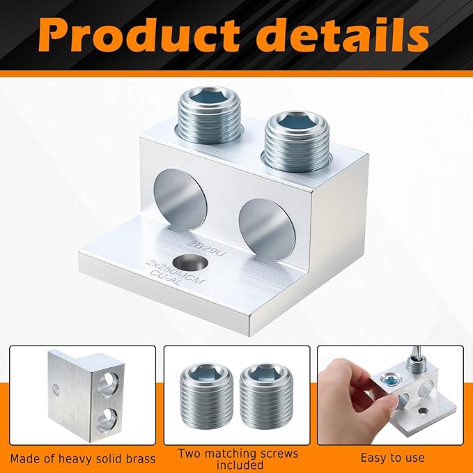 Blulu 2 Pieces Dual Aluminum Ground Lug Dual Rated Double Wire Barrel Aluminum Mechanical Lug (250 Mcm-6sol)